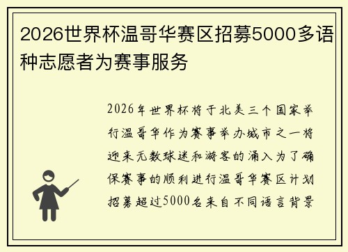 2026世界杯温哥华赛区招募5000多语种志愿者为赛事服务